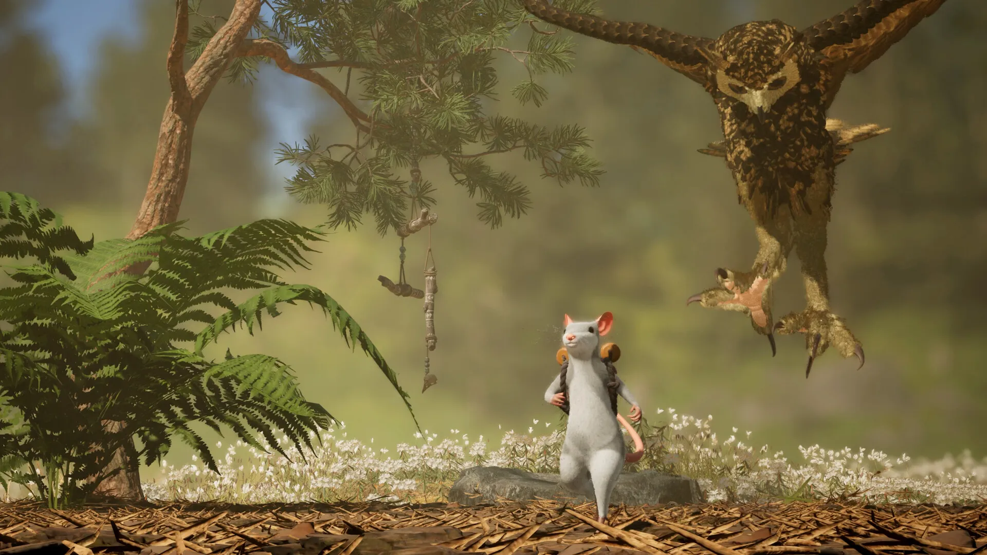 An owl descending toward a mouse in the forest