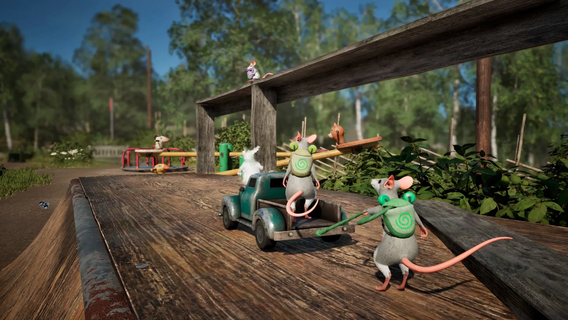 Mice with green Froggy backpacks on a wooden ramp in Hela: of Mice & Magic